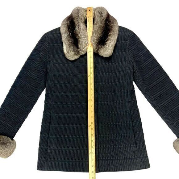 Grandi Faux Fur Trim Coat Women M Black Ribbed Classic Vintage 60s Luxury Jacket - Picture 12 of 16